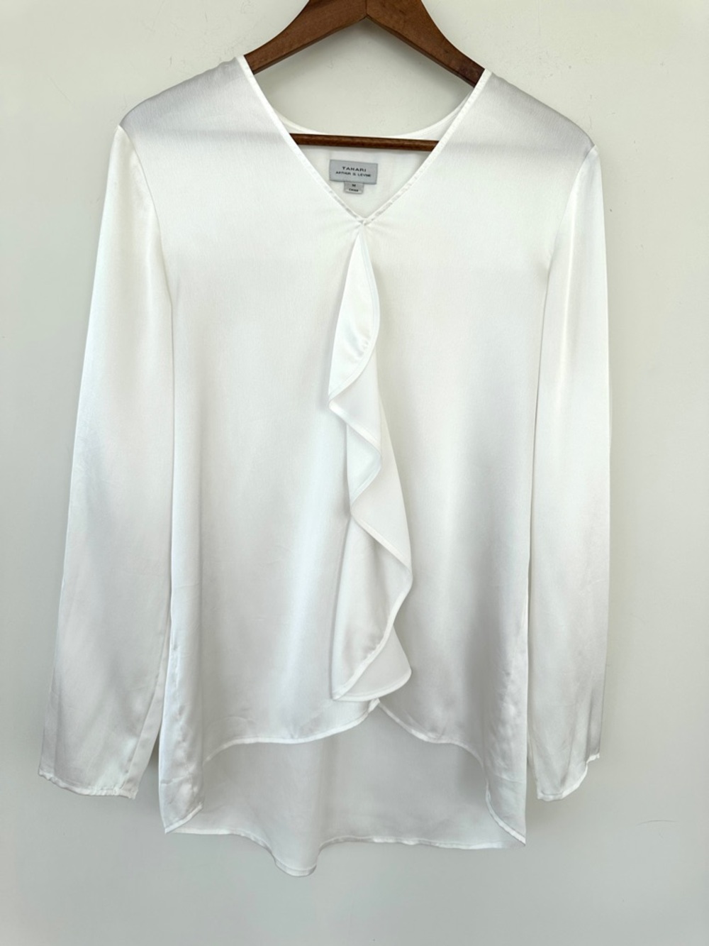 Tahari V-Neck Ruffle Detail Long Sleeve Blouse, White Satin - Picture 5 of 12